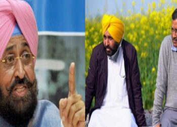 Congress leader Partap Singh Bajwa (Left), Punjab CM Bhagwant Mann and Delhi CM Arvind Kejriwal (Right)