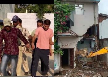 The accused; Ravi Chaudhary and Atul Bhadholiya arrested by the police (left) and the bulldozer razing their houses (right)