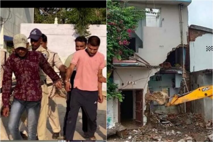 The accused; Ravi Chaudhary and Atul Bhadholiya arrested by the police (left) and the bulldozer razing their houses (right)