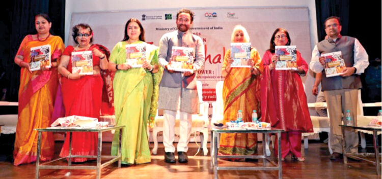 Meenakshi Lekhi, Minister of State for Culture(third from left) with G Kishan Reddy, Minister of Tourism along with artists at the inauguration of Jan Shakti exhibition