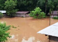 A locality is heavily waterlogged due to a rise in the water level of the Brahmaputra river that led to a flood-like situation in several parts of Assam amid incessant rains, on Sunday. (ANI Photo)