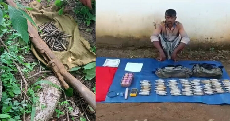 A 303 rifle and cartridges unearthed in Gaya (left), arrested Maoist Hemala Nanda with explosives in Dantewada (right).