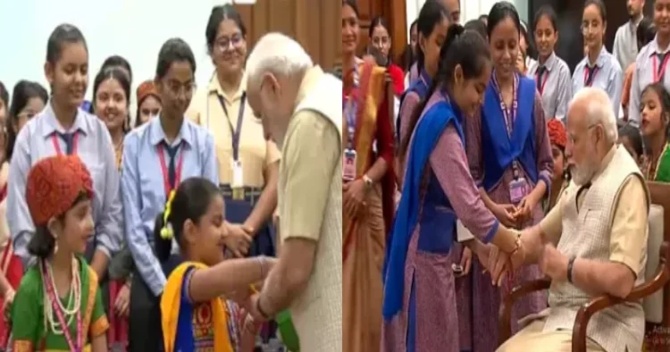 Prime Minister Narendra Modi with school girls on account of Raksha Bandhan