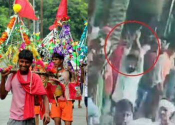 Picture from left to right: A representation image of Kanwariya and screenshot from the viral footage showing miscreants flashing gun in the Yatra (Quint and Amar Ujala, respectively)