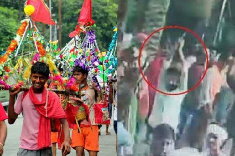 Picture from left to right: A representation image of Kanwariya and screenshot from the viral footage showing miscreants flashing gun in the Yatra (Quint and Amar Ujala, respectively)