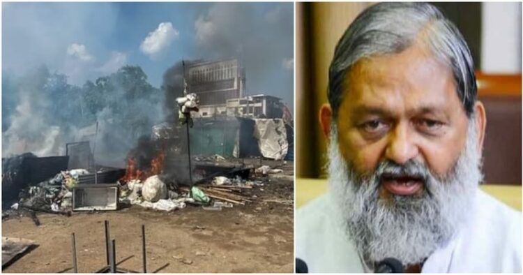 Haryana Home Minister Anil Vij and a picture from Nuh violence (Image: Twitter)