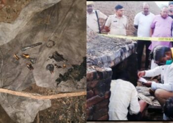 Charred remains of the minor girl, as recovered by the Rajasthan Police and the officers inspecting outside the brick kiln (Image: Left to right: Twitter and Jagran)