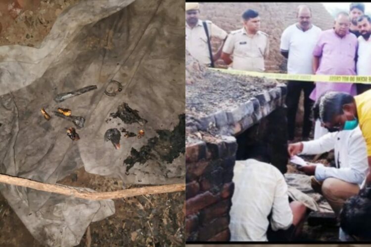 Charred remains of the minor girl, as recovered by the Rajasthan Police and the officers inspecting outside the brick kiln (Image: Left to right: Twitter and Jagran)