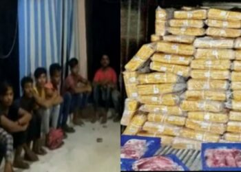 Punjabl police arrested 12 Rohingya Muslims after Hindu activists informed about illegal beef factory (L) the beef was recovered in packets  (R) (Source: Dainik Bhaskar and Panchjanya)