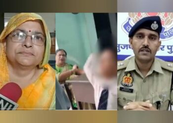 Teacher Tripta Tyagi, children in the viral video and the Muzaffarnagar police (from left to right, Twitter)