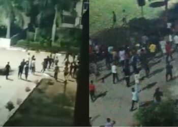 Screenshot from the viral video, where students can be seen carrying swords (India Today)