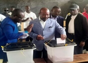 Gabonese President Ali Bongo Ondimba casts his vote at a polling station during the presidential election in Libreville