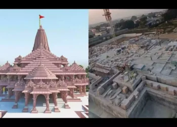 Digital prototype of the proposed Ram Mandir (L) and the construction works at the site (R) (TOI and Mint, respectively)