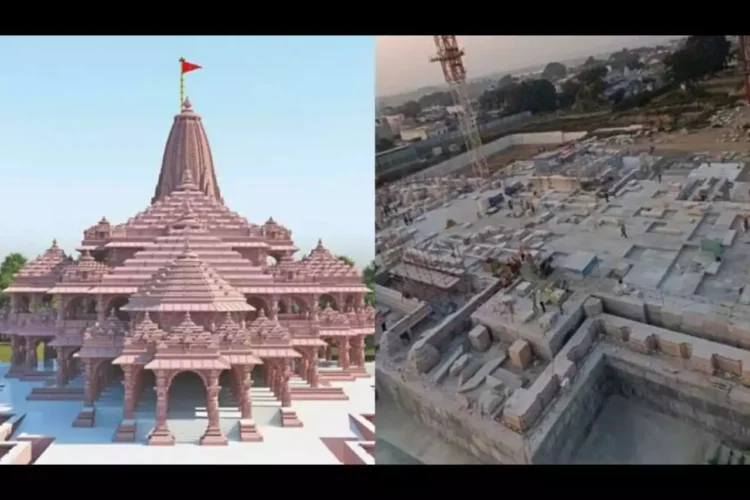 Digital prototype of the proposed Ram Mandir (L) and the construction works at the site (R) (TOI and Mint, respectively)