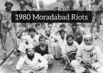A picture from the 1980 Moradabad violence, as police nabbed the attackers (Image: Twitter, Heritage Times)