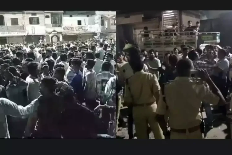 Protestors gathered outside the police station (L) and the police taking control of the situation (R) (Dainik Bhaskar)