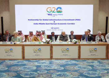 New Delhi, Sept 9 (ANI): Prime Minister Narendra Modi, the United States President Joe Biden and Saudi Arabia Prime Minister and Crown Prince Mohammed bin Salman bin Abdulaziz Al Saud and other world leaders during the PGII and India Middle East Europe connectivity corridor launch event on the sidelines of G20 Summit, in New Delhi on Saturday. (ANI Photo)