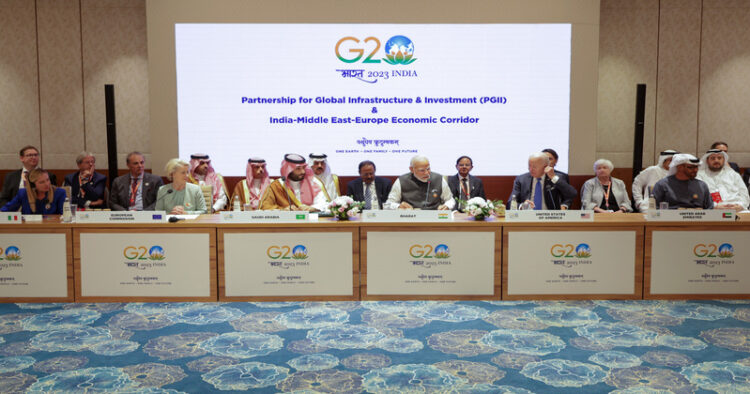 New Delhi, Sept 9 (ANI): Prime Minister Narendra Modi, the United States President Joe Biden and Saudi Arabia Prime Minister and Crown Prince Mohammed bin Salman bin Abdulaziz Al Saud and other world leaders during the PGII and India Middle East Europe connectivity corridor launch event on the sidelines of G20 Summit, in New Delhi on Saturday. (ANI Photo)
