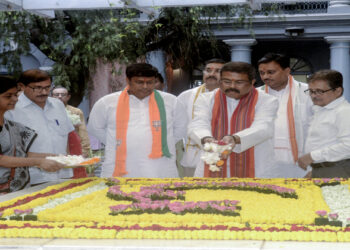 Union Education Minister Dharmendra Pradhan along with BJP leader Sukanta Majumdar and others pays tribute to Rishi Aurobindo during collecting soil from Sree Aurobindo Bhawan for 'Amar Mati Amar Desh', in Kolkata