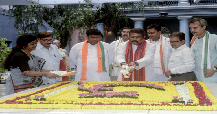 Union Education Minister Dharmendra Pradhan along with BJP leader Sukanta Majumdar and others pays tribute to Rishi Aurobindo during collecting soil from Sree Aurobindo Bhawan for 'Amar Mati Amar Desh', in Kolkata