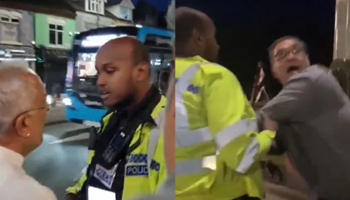 Cop Adam Ahmed misbehaved with Hindu devotees celebrating Ganesh Chaturthi in Leicester (Screenshot from Viral Video on X)