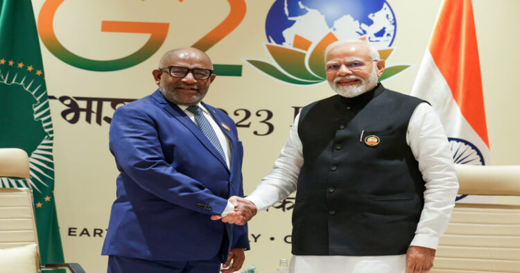 Prime Minister Narendra Modi meets African Union Chairperson Azali Assoumani on the sidelines of the G20 Summit, in New Delhi on Sunday. (ANI Photo)