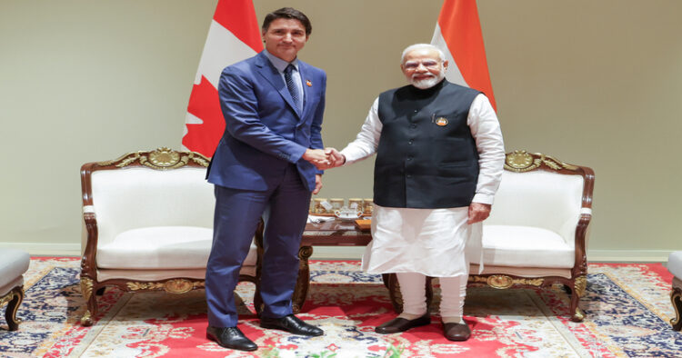 Prime Minister Narendra Modi meets Canadian PM Justin Trudeau on the sidelines of the G20 Summit, in New Delhi on Sunday. (ANI Photo)