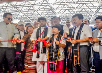 Union Minister for Civil Aviation Jyotiraditya M Scindia inaugurates the upgraded Terminal Building of Tezu Airport, in Lohit on Sunday. Bharatiya Janata Party (BJP) MPs Nabam Rebia and Tapir Gao are also seeen. (ANI Photo)