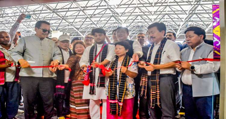 Union Minister for Civil Aviation Jyotiraditya M Scindia inaugurates the upgraded Terminal Building of Tezu Airport, in Lohit on Sunday. Bharatiya Janata Party (BJP) MPs Nabam Rebia and Tapir Gao are also seeen. (ANI Photo)