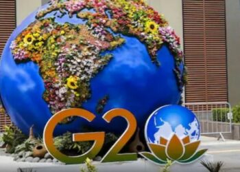 A G20-themed installation at the Bharat Mandapam, at Pragati Maidan in New Delhi