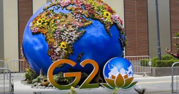 A G20-themed installation at the Bharat Mandapam, at Pragati Maidan in New Delhi