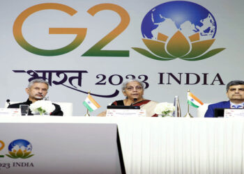 Union Minister for Finance and Corporate Affairs Nirmala Sitharaman briefs the media on the G20 Summit under the G20 Presidency, in New Delhi on Saturday. External Affairs Minister S Jaishankar and Economic Affairs Secretary Ajay Seth are also present. (ANI Photo)