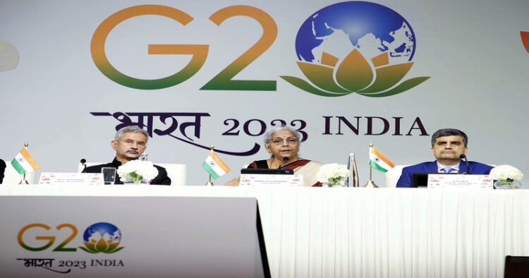 Union Minister for Finance and Corporate Affairs Nirmala Sitharaman briefs the media on the G20 Summit under the G20 Presidency, in New Delhi on Saturday. External Affairs Minister S Jaishankar and Economic Affairs Secretary Ajay Seth are also present. (ANI Photo)
