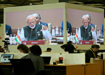 Prime Minister Narendra Modi addresses the Session-1 on 'One Earth' during the G20 Summit, at Bharat Mandapam, Pragati Maidan, in New Delhi on Saturday.