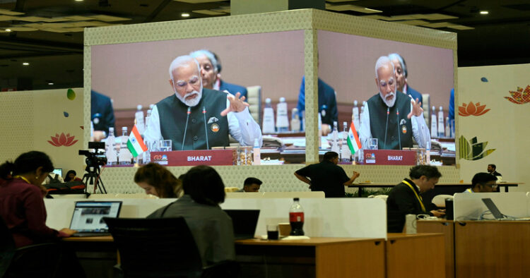 Prime Minister Narendra Modi addresses the Session-1 on 'One Earth' during the G20 Summit, at Bharat Mandapam, Pragati Maidan, in New Delhi on Saturday.
