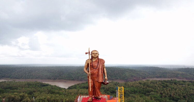 A view of the 108-feet-tall 'Statue of Oneness' (Ekatmata Ki Pratima) of Adi Shankaracharya after its unveiling by Madhya Pradesh Chief Minister Shivraj Singh Chouhan (Unseen), at Ekatma Dham, Omkareshwar, in the Khandwa district of Madhya Pradesh on Thursday. (ANI Photo)