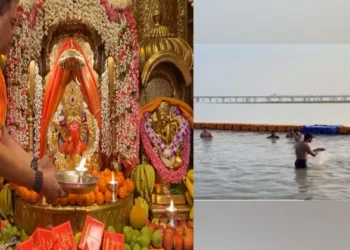 ‘Aarti’  being performed at Mumbai’s Siddhivinayak Temple (Left), Devotees take a Holy dip in the Sangam (Right)