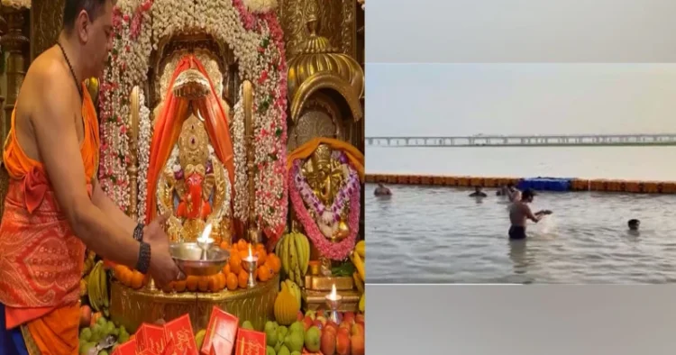 ‘Aarti’  being performed at Mumbai’s Siddhivinayak Temple (Left), Devotees take a Holy dip in the Sangam (Right)