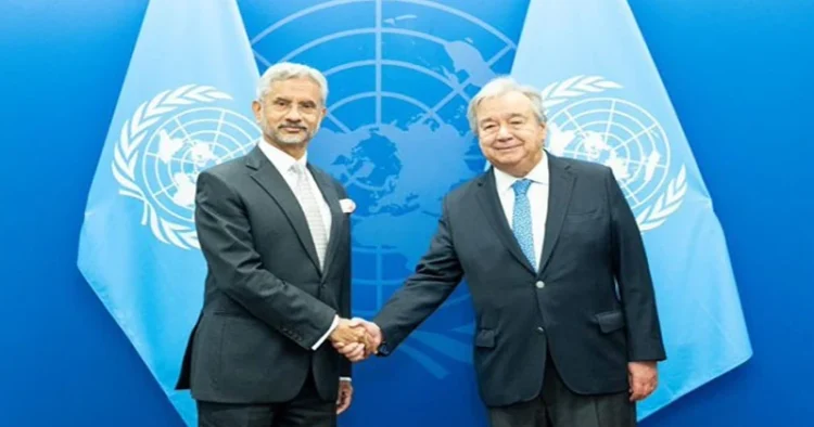External Affairs Minister S Jaishankar (Left) with UN Secretary-General Antonio Guterres (Right)