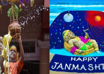 Janmashtami Celebrations (Right), Sand art by Sudarsan Pattnaik at  Puri Beach (Left)