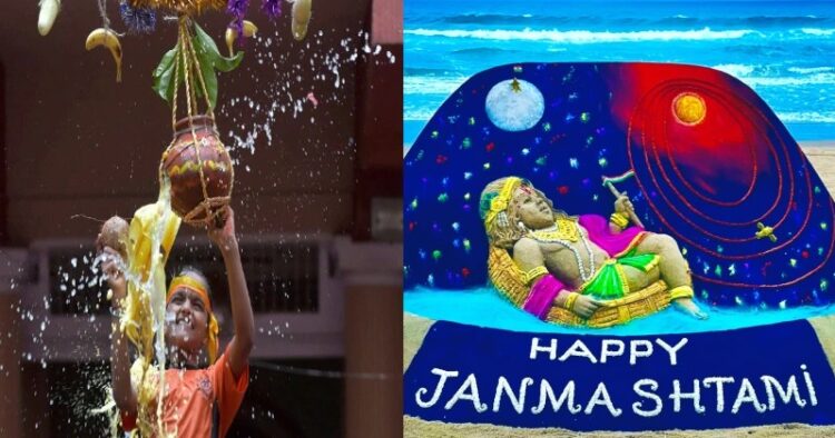 Janmashtami Celebrations (Right), Sand art by Sudarsan Pattnaik at  Puri Beach (Left)