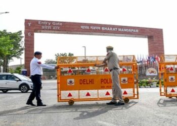 Delhi Police and traffic Police at Bharat Mandapam Convention Centre of Pragati Maidan ahead of G20 Summit