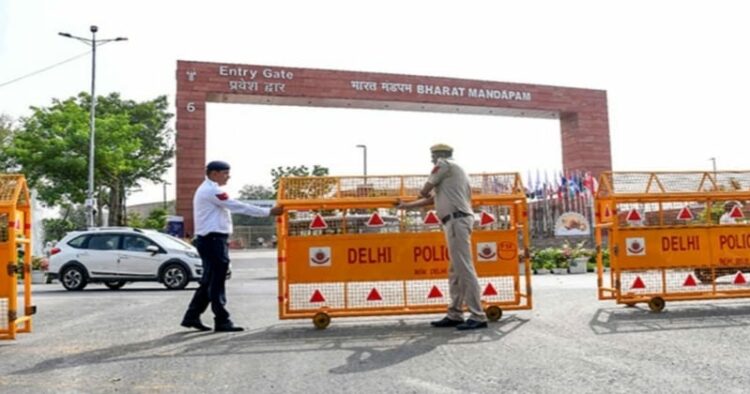 Delhi Police and traffic Police at Bharat Mandapam Convention Centre of Pragati Maidan ahead of G20 Summit