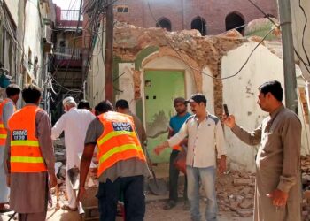 An old picture clicked in August 2018, when an Ahmadiyya mosque was demolished in Pakistan (The Conversation)