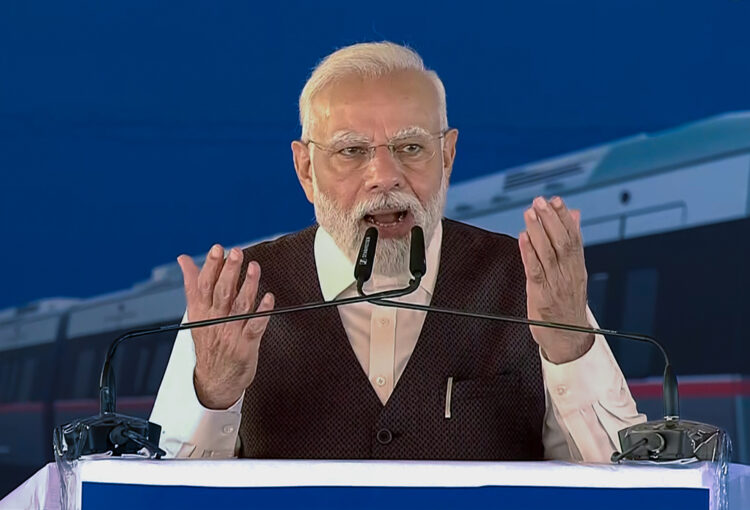 Prime Minister Narendra Modi addresses the public after inaugurating the priority section of Delhi-Ghaziabad-Meerut RRTS Corridor, at Sahibabad