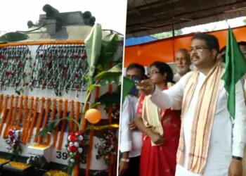 Left: Amrit Kalash Yatra Train, Right: Education Minister Dharmendra Pradhan in Bhubaneshwar