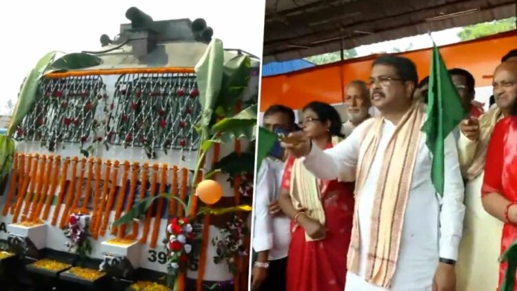 Left: Amrit Kalash Yatra Train, Right: Education Minister Dharmendra Pradhan in Bhubaneshwar