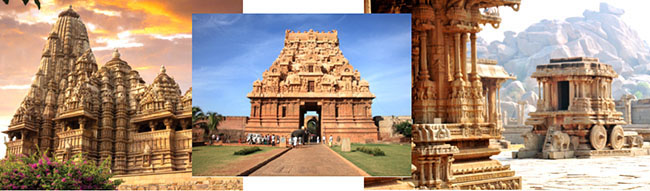 Kandariya Mahadeva temple at Khajuraho, Madhya Pradesh and Brihadeeswar Temple at Thanjavur, Tamil Nadu and Stone Chariot in Hampi, Karnataka