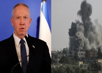 Israeli Defence Minister Yoav Gallant (Left), Attacks in Gaza (Right)