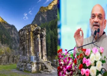 Sharda Temple in Kashmir (Left), Union Home Minister Amit Shah (Right)